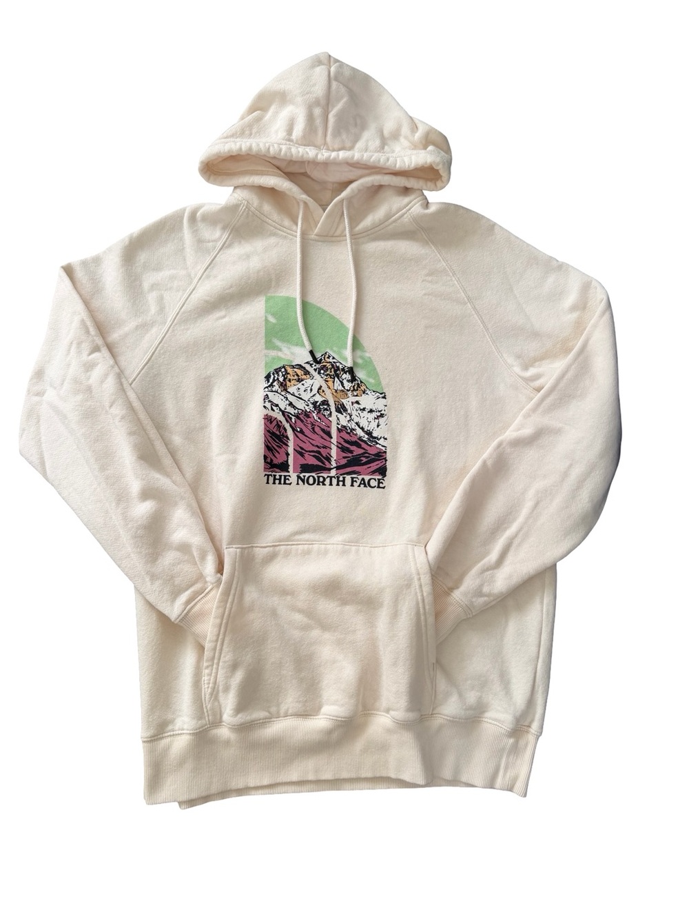 The North Face Women’s Cream Hoodie with Multicolor Mountain Graphic Size L